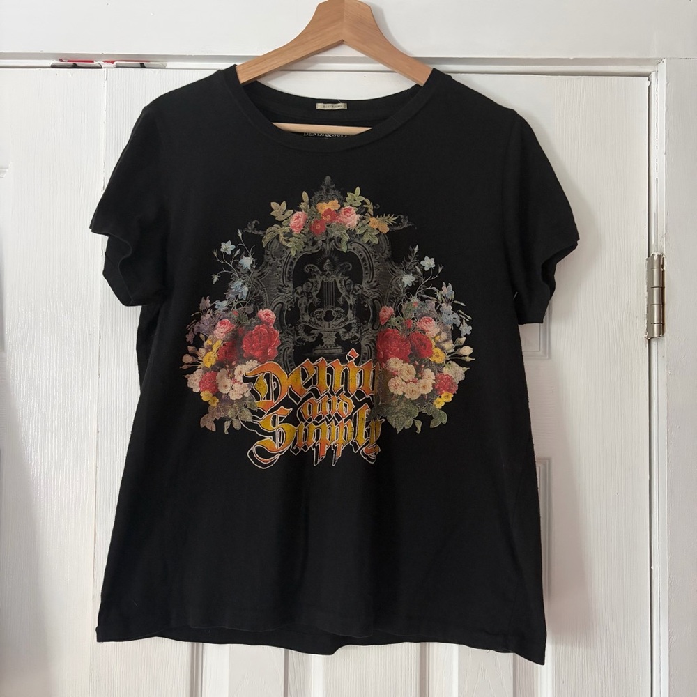 Denim & Supply Ralph Lauren Cotton Black Tee with Floral Graphic Size Small EUC